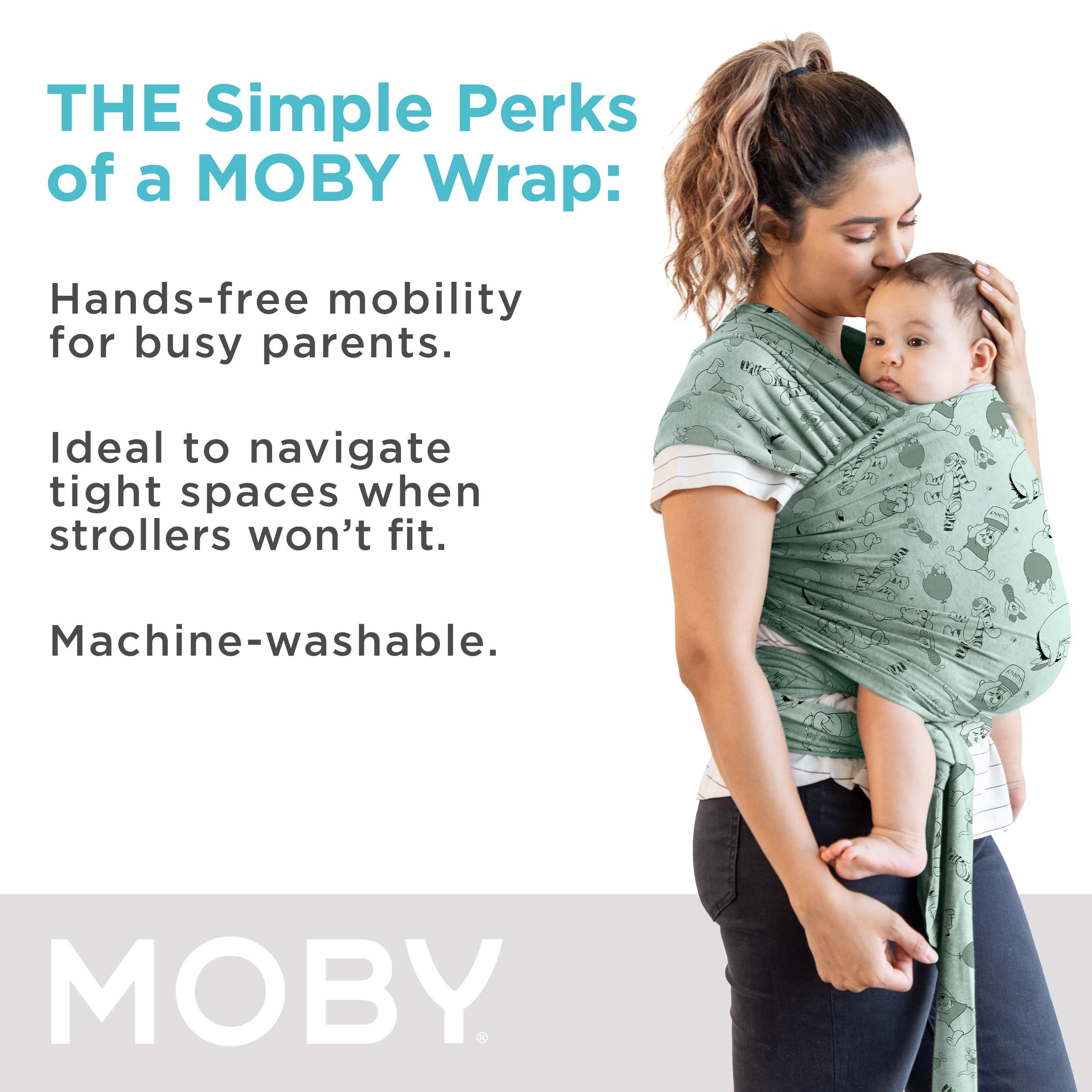 Moby Featherknit baby wrap demonstrates shoulder-weight distribution for comfortable carry