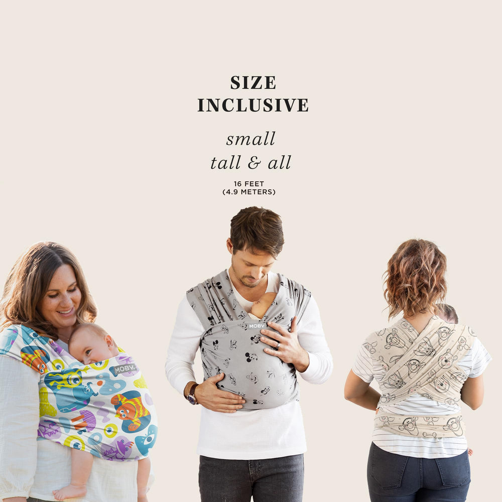Moby Featherknit wrap adjustable fit adapts to different body types.