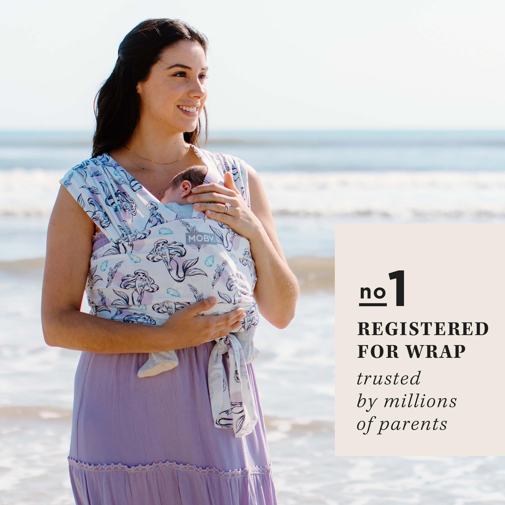 Moby Featherknit-wrap-length emphasizes 18ft wrap that grows with newborn to toddler.
