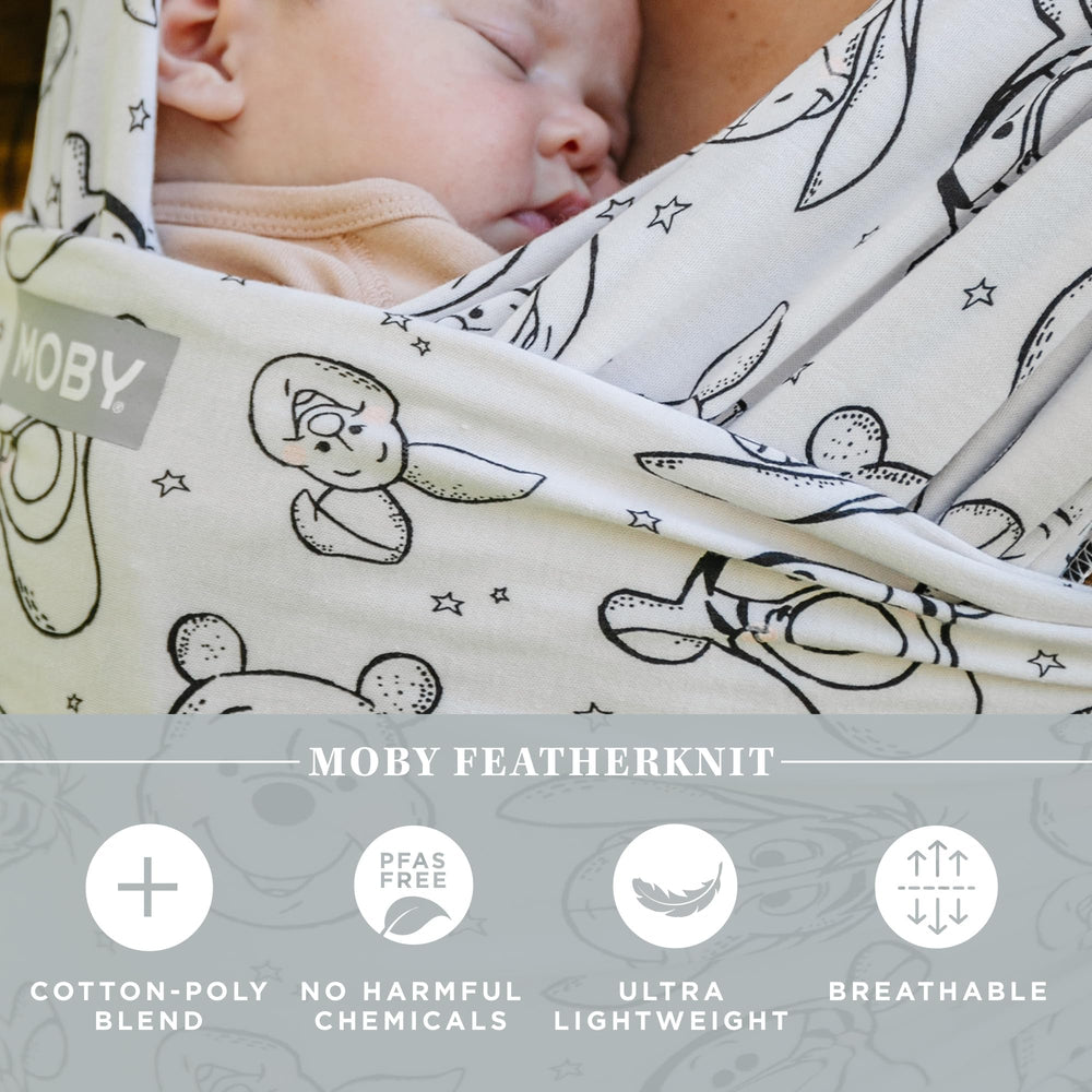Moby Featherknit setup guide illustrating quick, easy wrapping.
