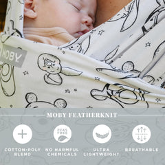 Moby Featherknit setup guide illustrating quick, easy wrapping.