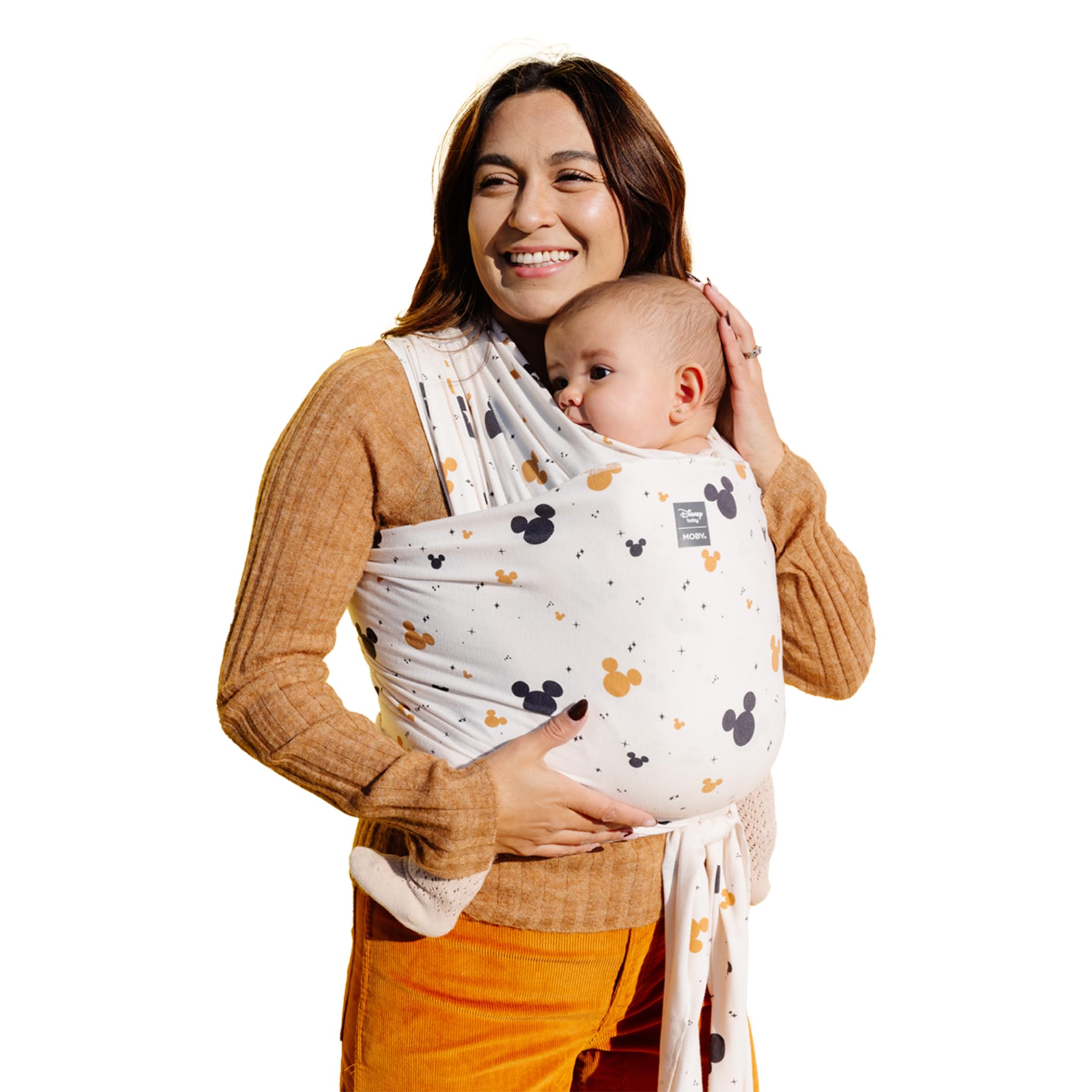 Moby Featherknit wrap close-up shows soft fabric for comfortable babywearing during errands.