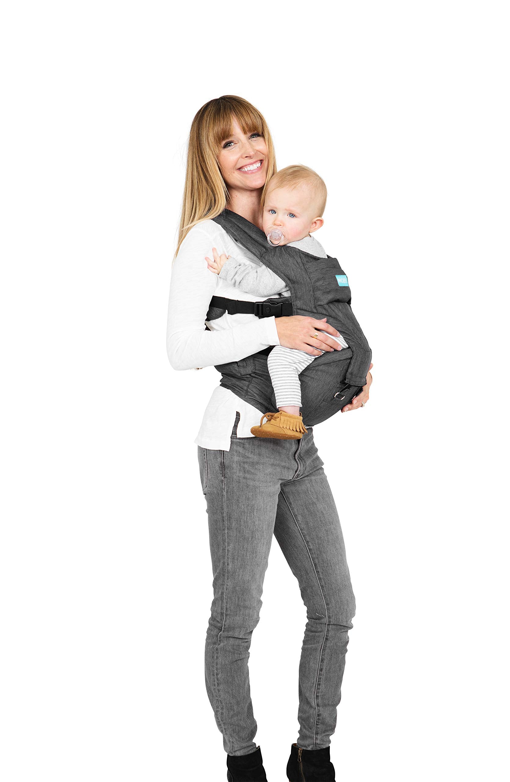 Moby hip seat carrier in grey setup enables hands-free comfort during daily tasks.