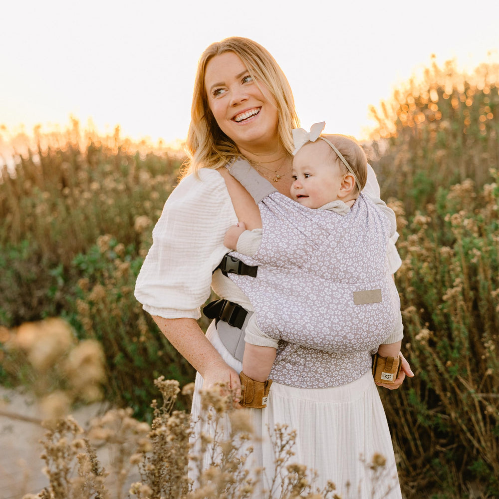 Moby Prairie Blooms Duet Carrier with care ready features and gentle wash guidance.