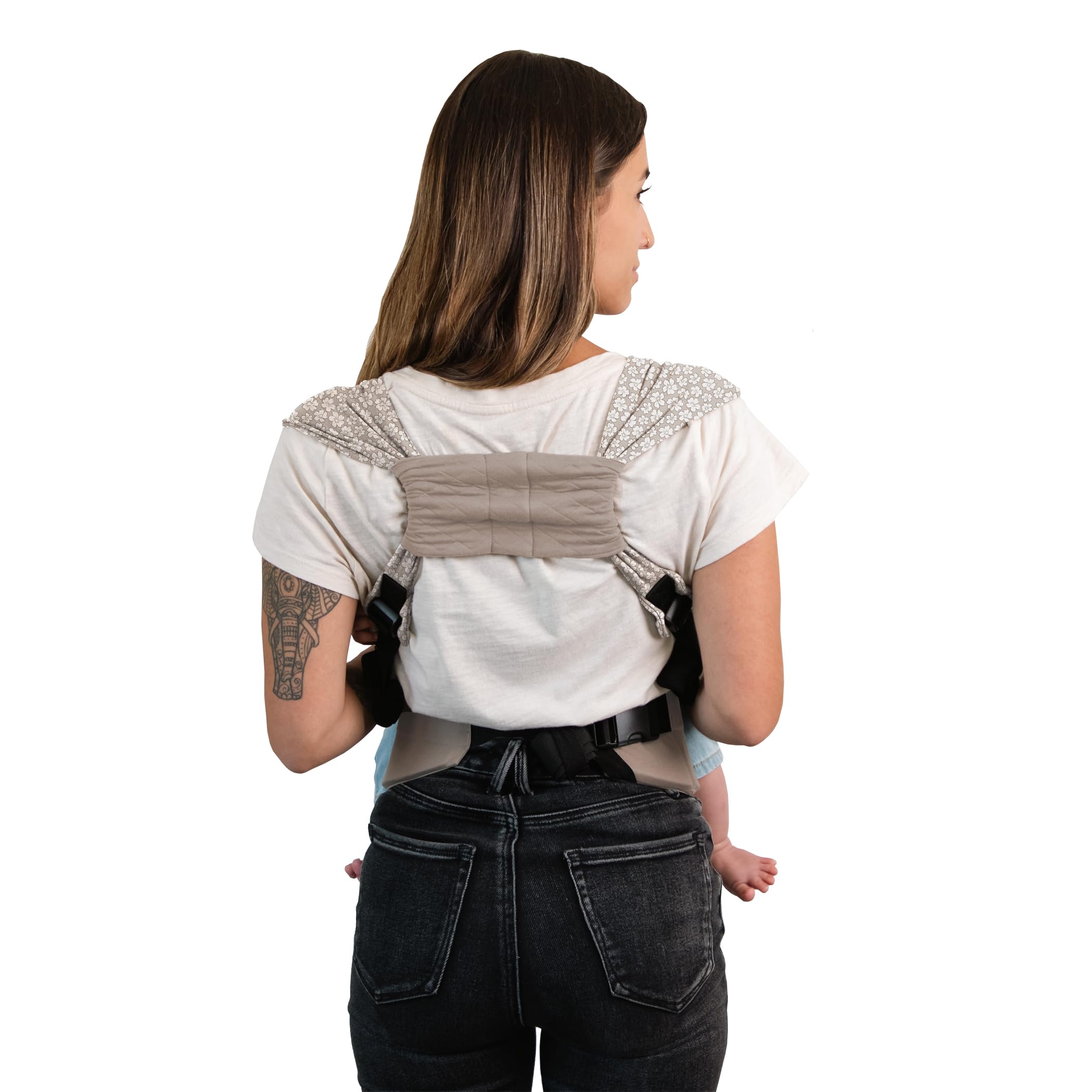 Adjustable waistbelt on Moby Prairie Blooms Duet Carrier for even weight distribution.