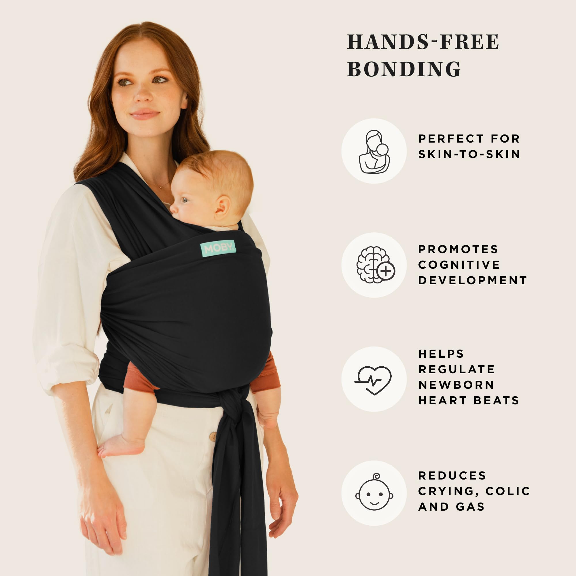 Moby Wrap shows no buckles with simple wrap and secure adjustment.