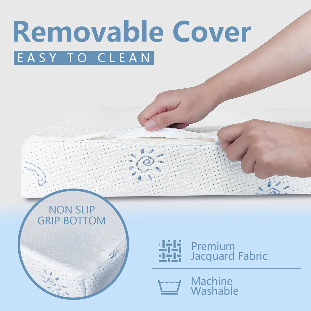 Mochen Pack and Play memory foam detail showing dual firmness for comfort