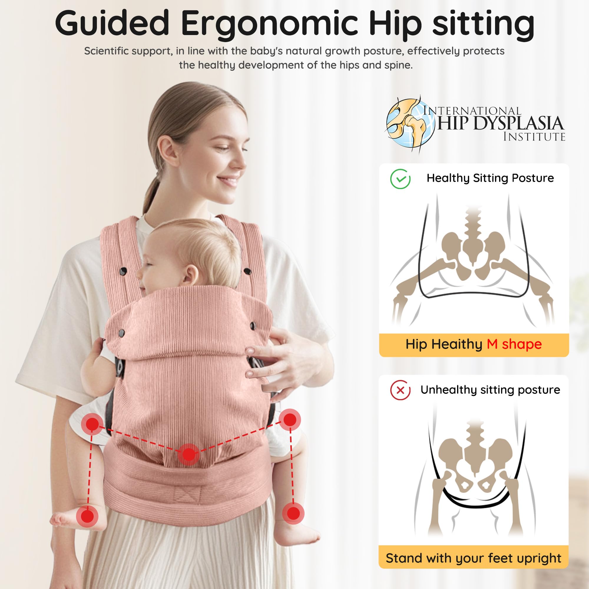 MOCKPOSE infant carrier back-carry position demonstrates extended-use comfort and hands-free mobility.
