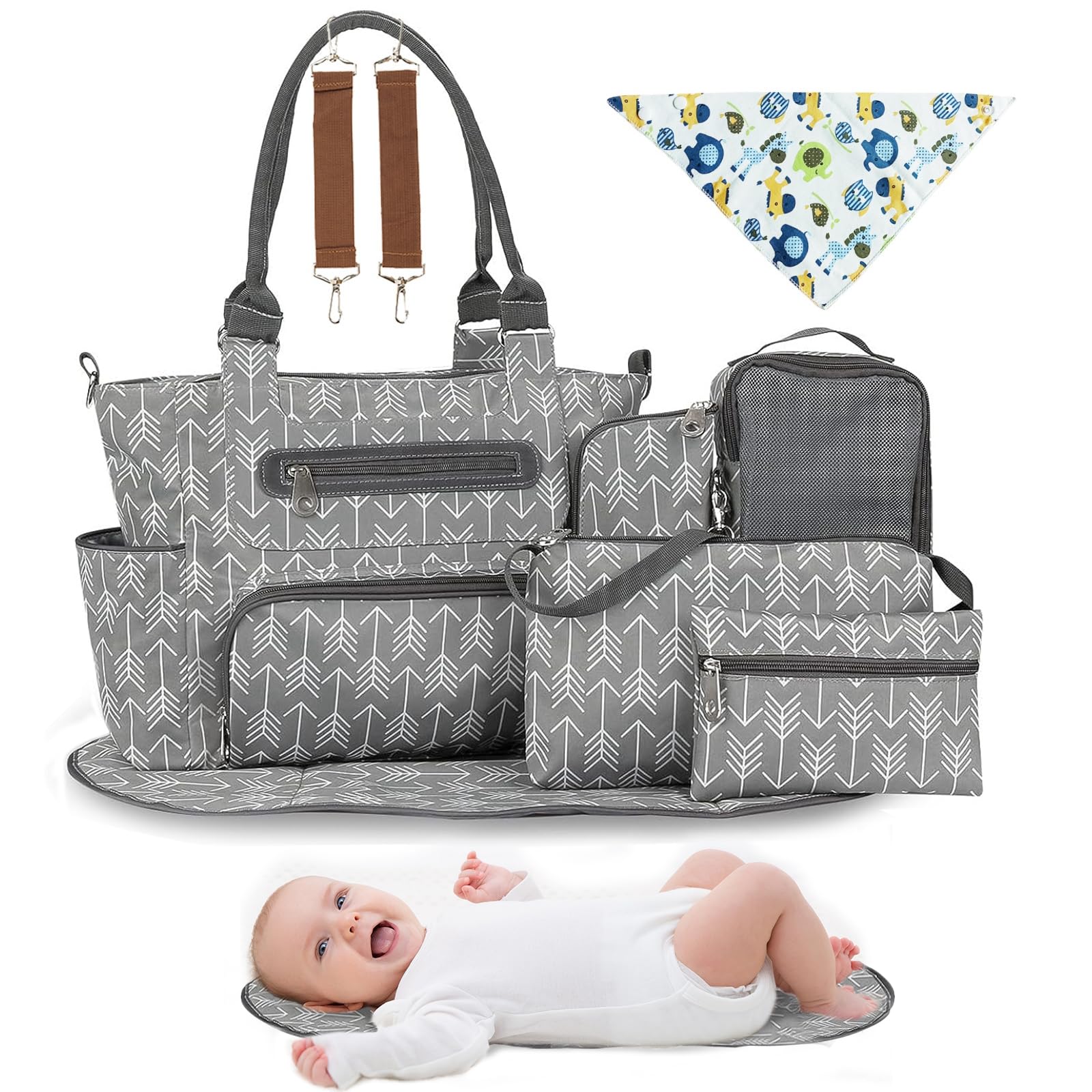 Moclever 8-piece diaper bag set main tote offers roomy interior for busy days