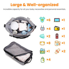 Moclever bag shows 12 pockets for wipes, clothes, pacifiers and more