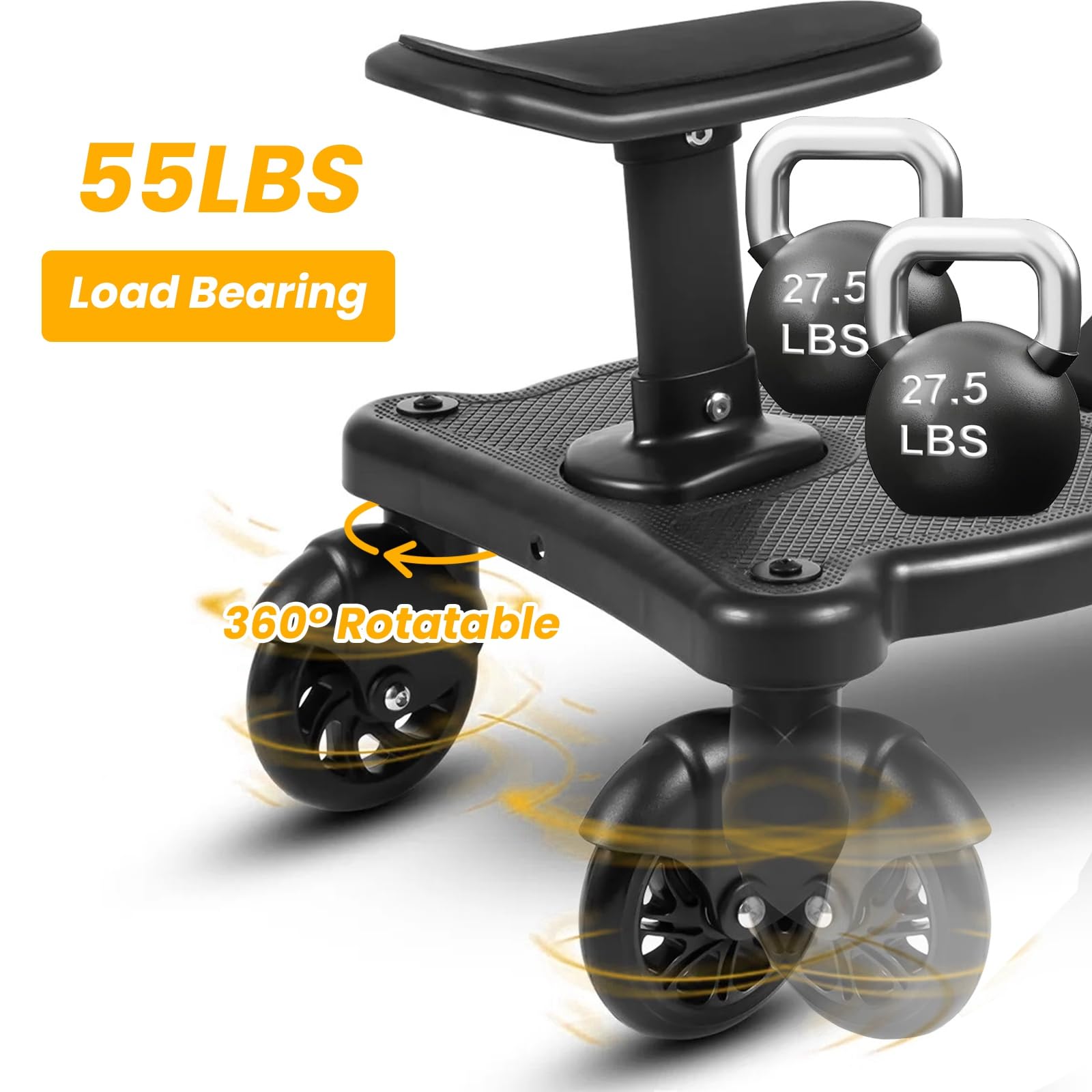 Moclever stroller board 360-degree swivel wheels enable smooth maneuvering.