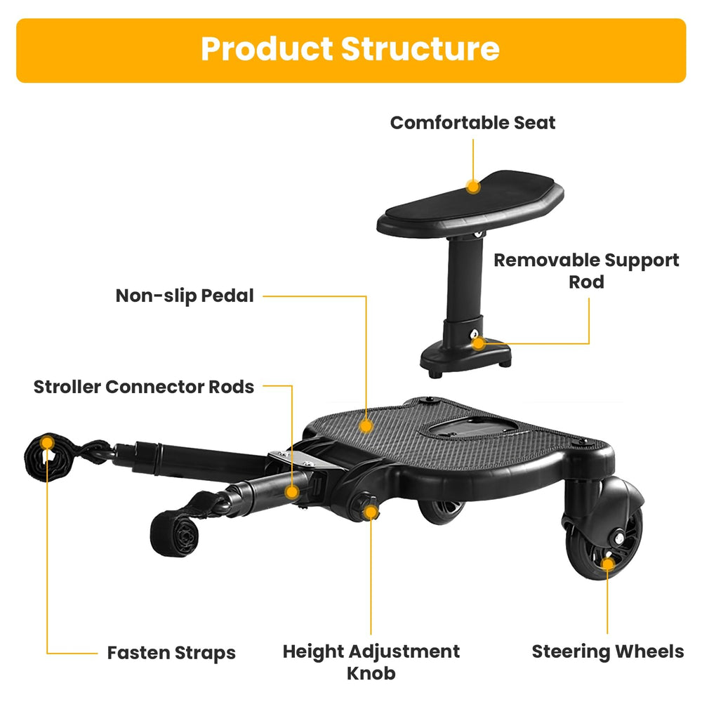 Moclever stroller board holds up to 55 lbs for growing kids.
