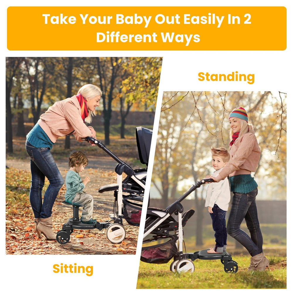 Moclever universal stroller board attachment assembly demonstrates universal fit across stroller brands.