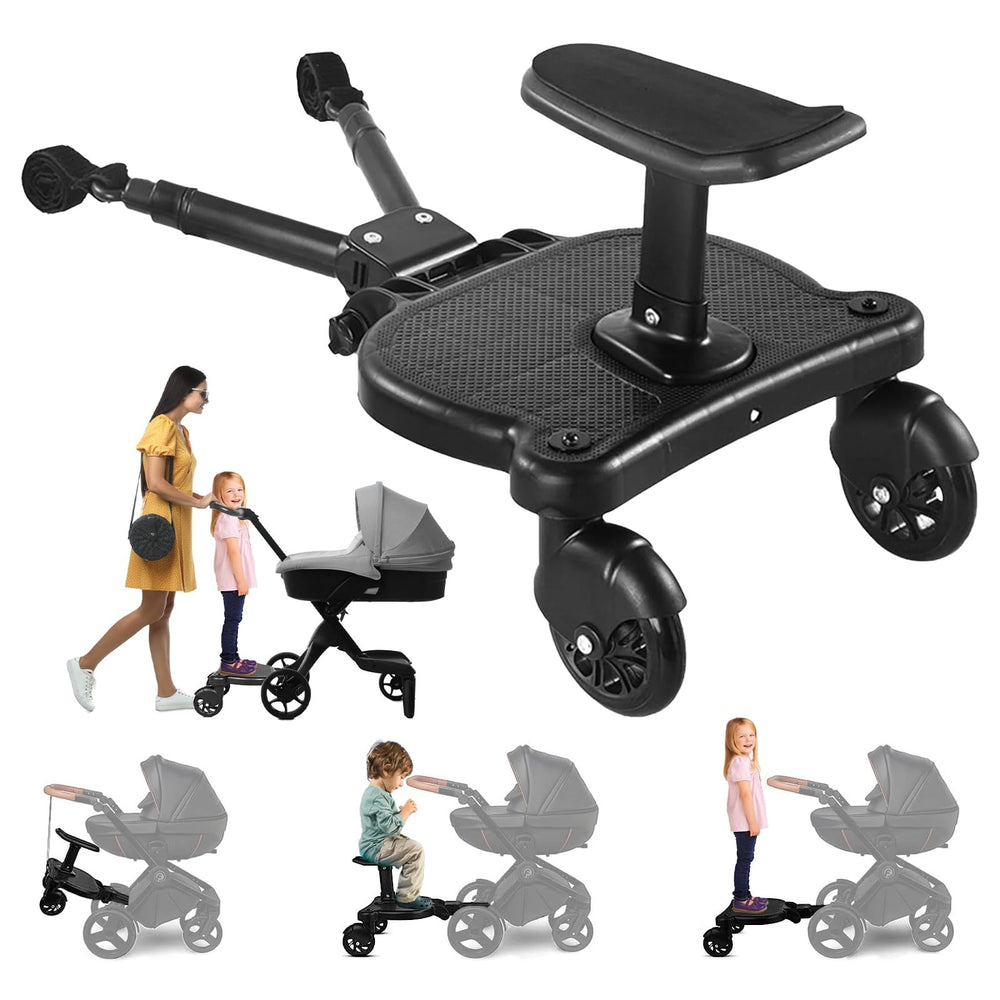 Moclever universal stroller board with seat attached for easy toddler riding on family outings.