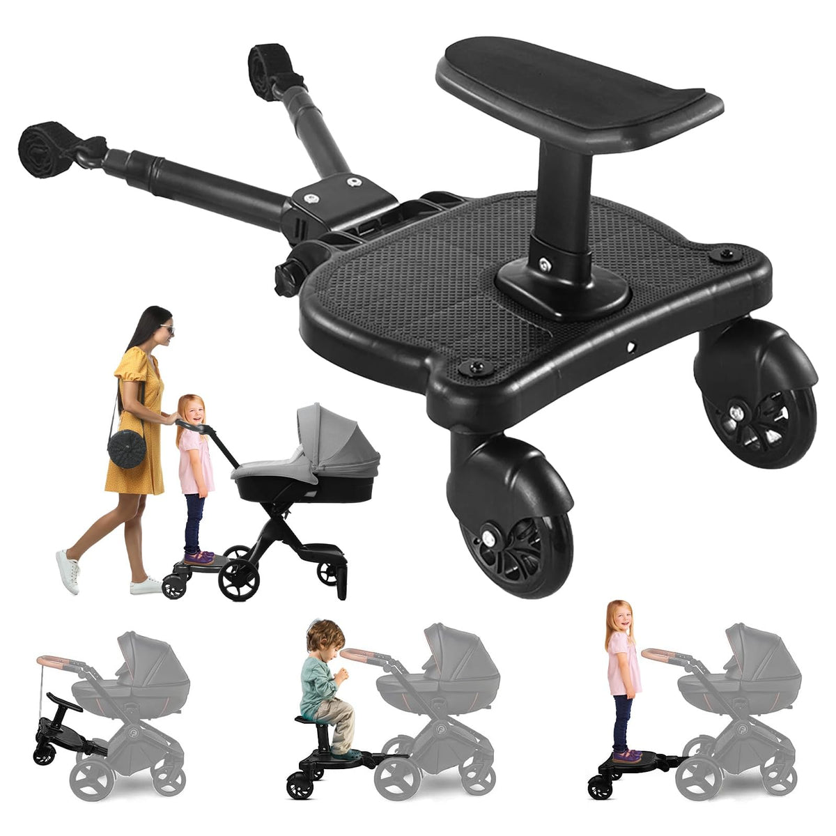 Moclever universal stroller board with seat attached for easy toddler riding on family outings.