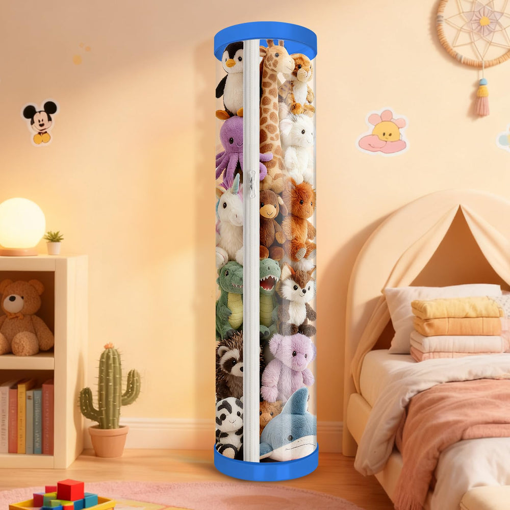 Mocuba blue storage tube front view shows tall, space-saving plush organizer.
