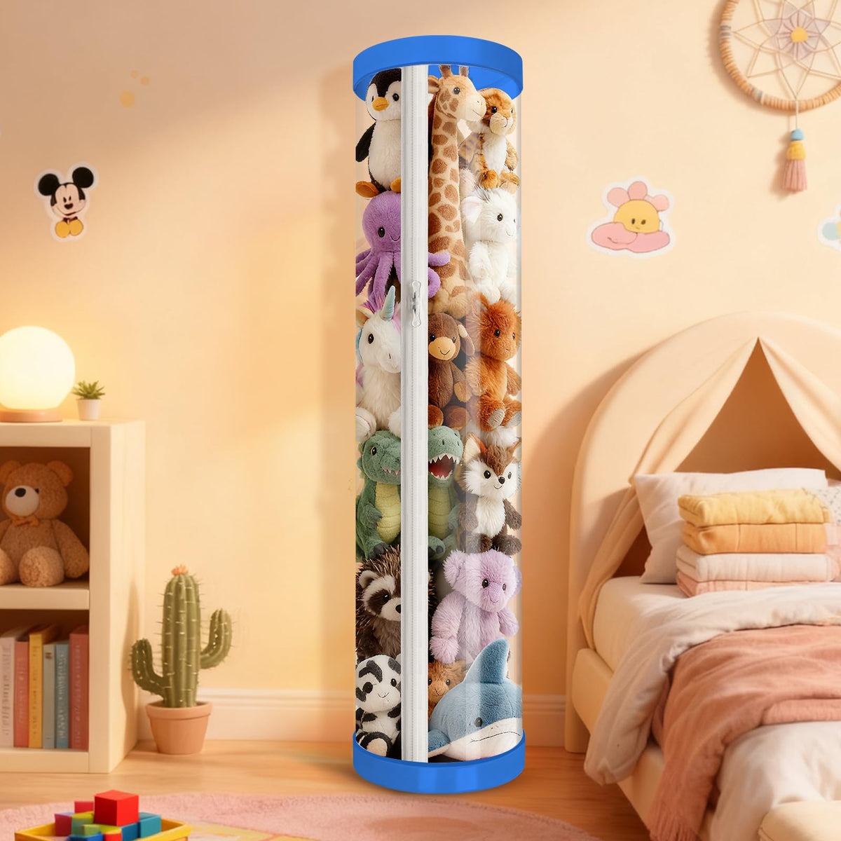 Mocuba blue storage tube front view shows tall, space-saving plush organizer.