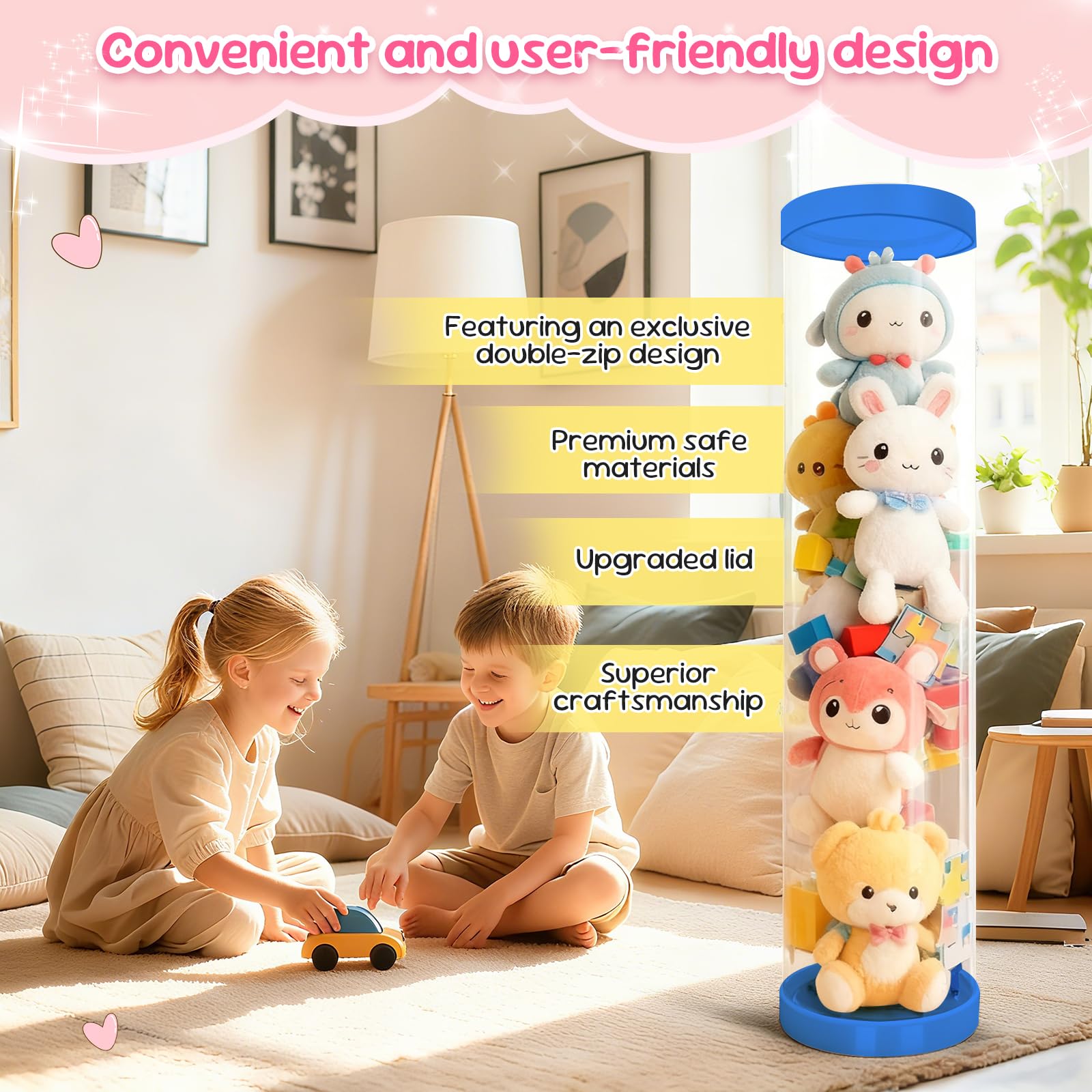 Mocuba tall plush-storage-tube beside toys emphasizes space-saving design.