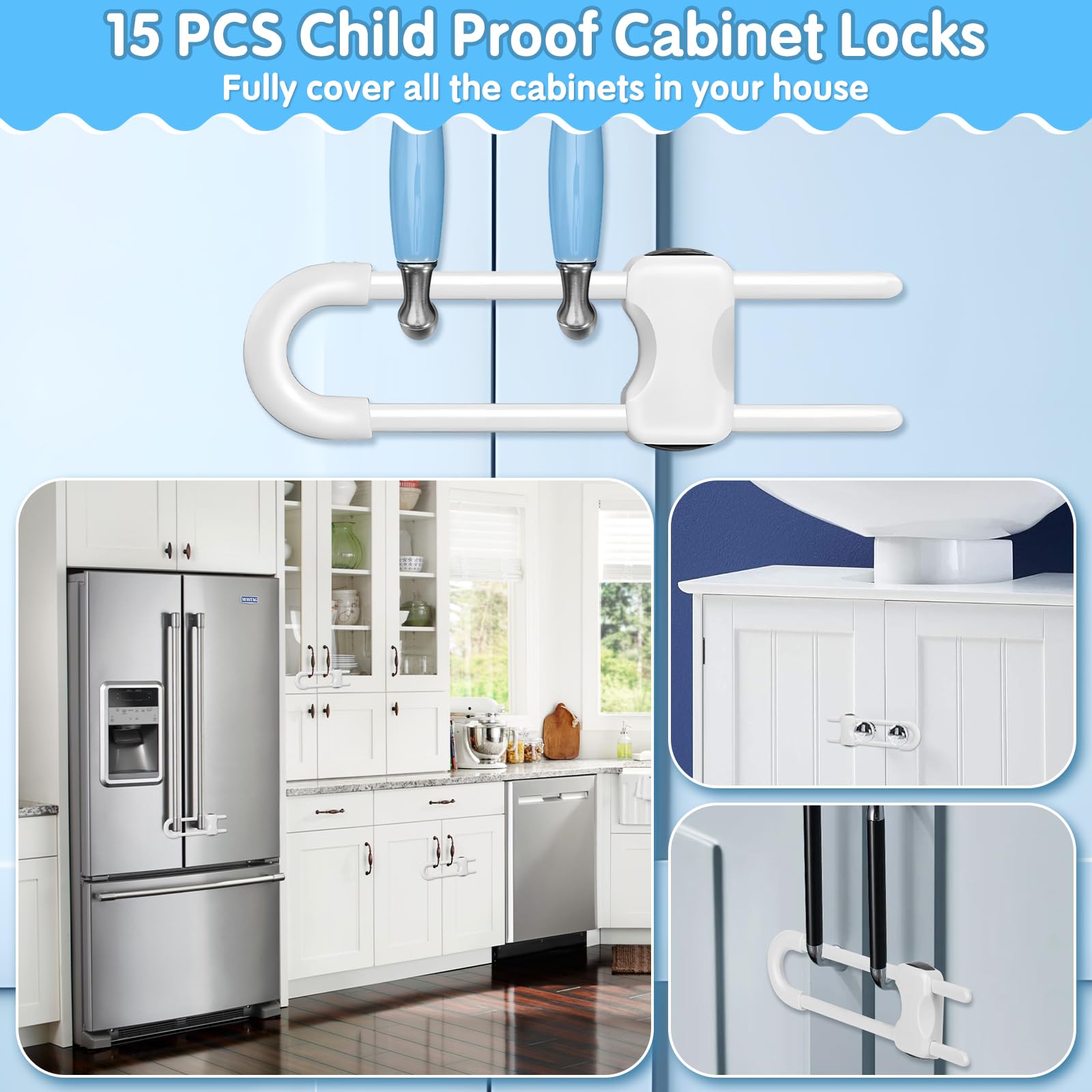 Modacraft cabinet lock dual-button release demonstrates secure, easy access for adults