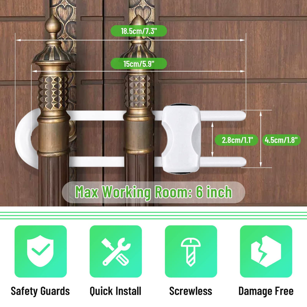 Modacraft sliding cabinet locks close-up reveals U-shaped design for versatile mounting.