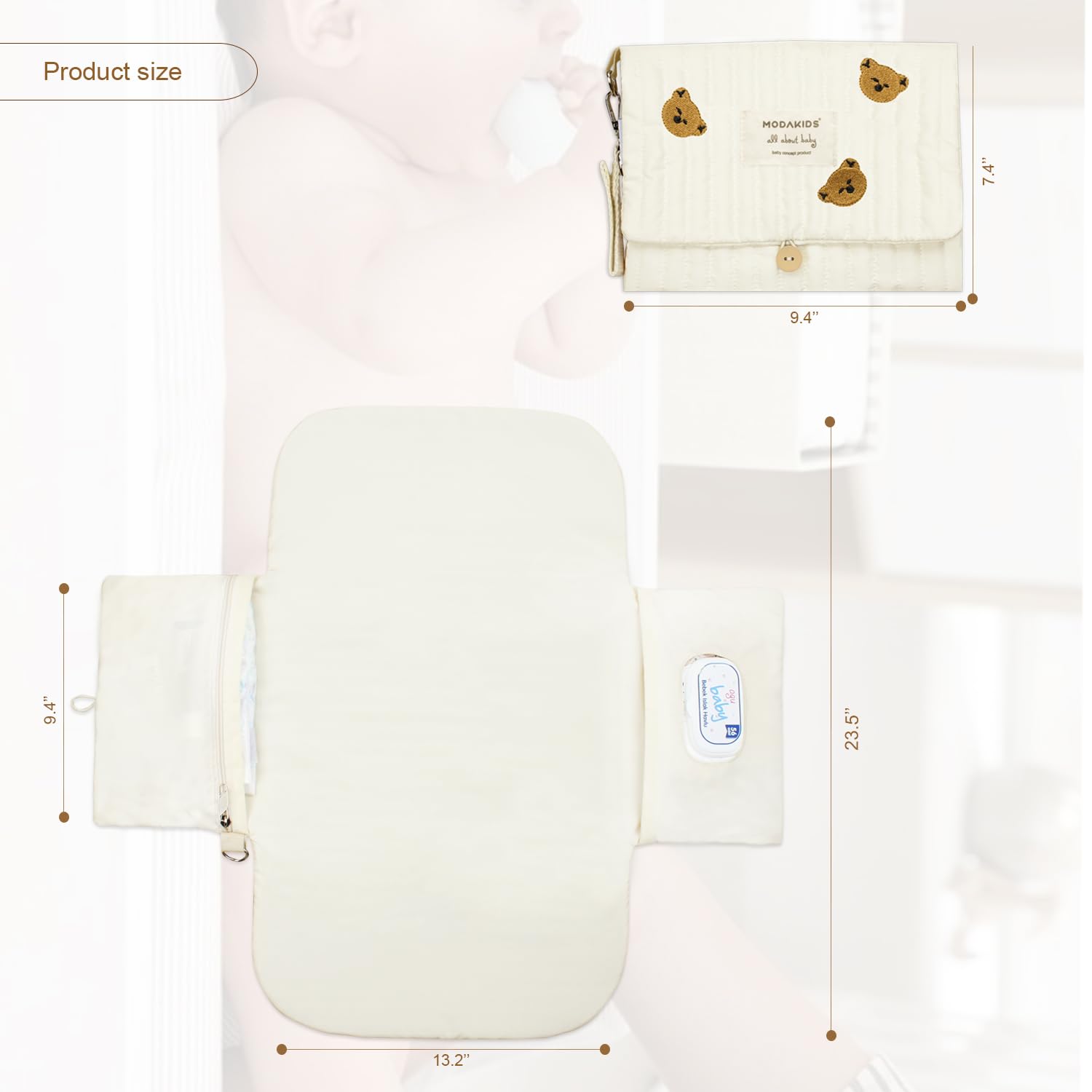MODAKIDS changing pad with wipes pocket for quick access on outings