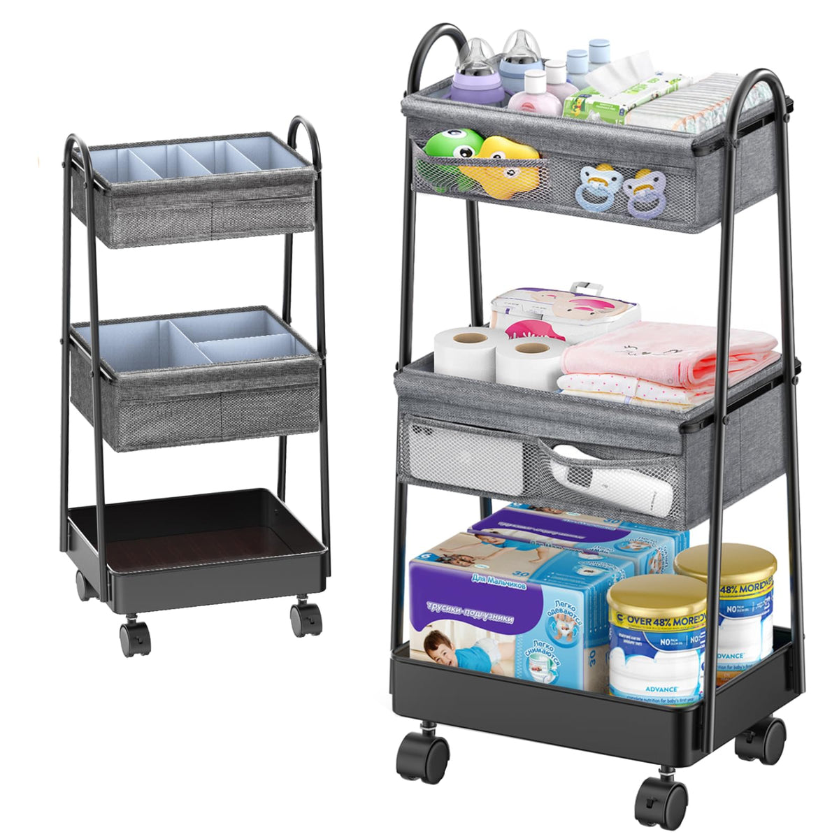 Modanais 3-Tier Rolling Cart full diaper caddy setup for easy nursery organization
