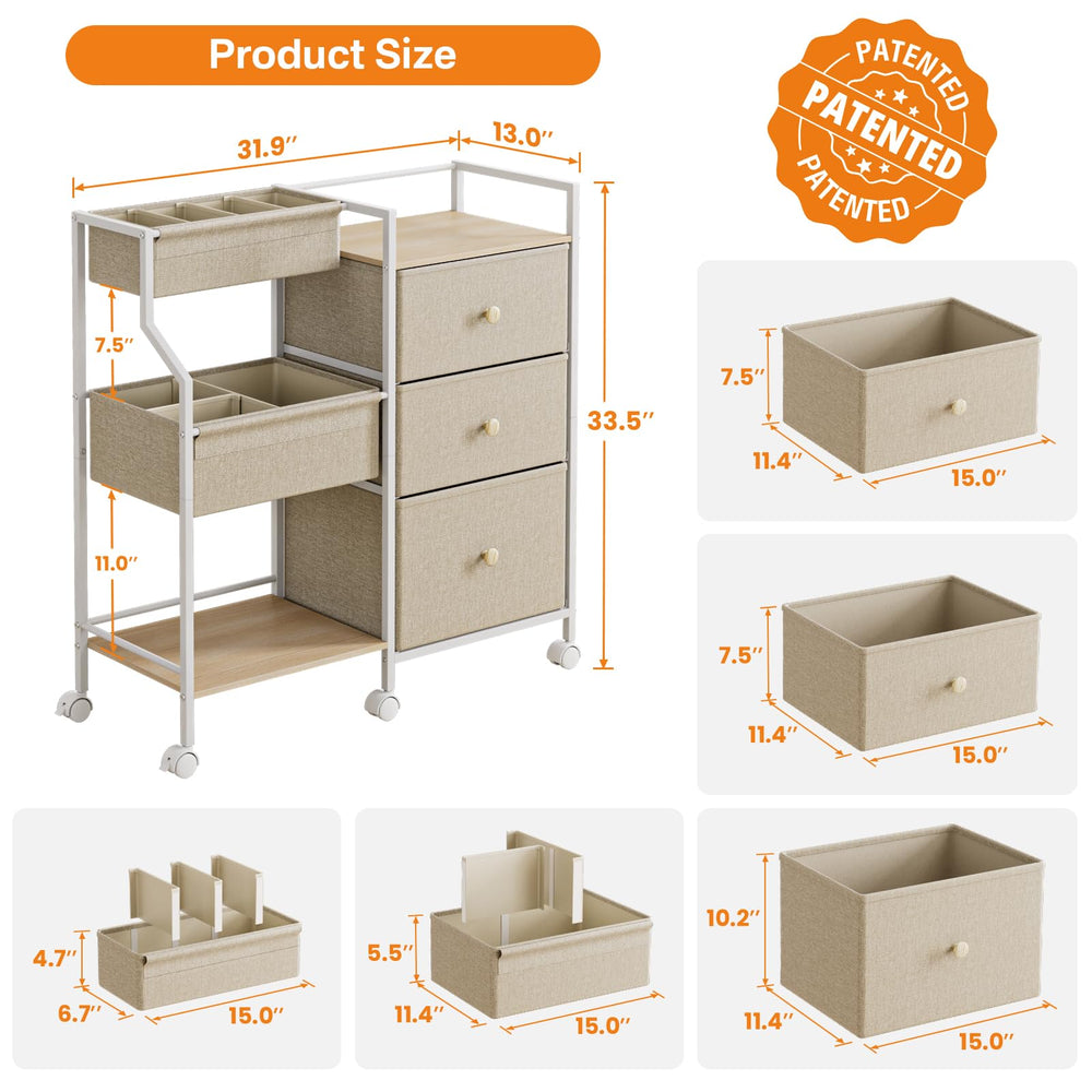 Modanais 3-tier rolling cart with dividers and drawers helps organize wipes, bottles, and bibs neatly.