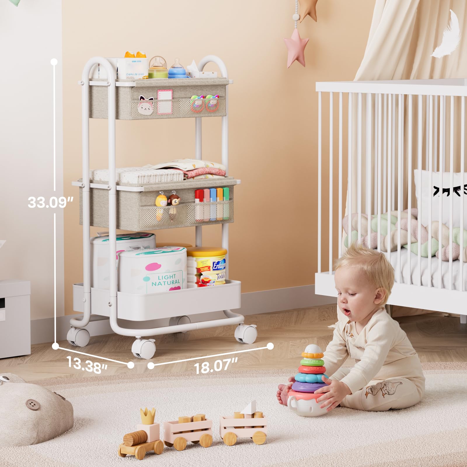 Modanais baby diaper caddy cart side view emphasizes compact footprint with ample bottle and wipe space.