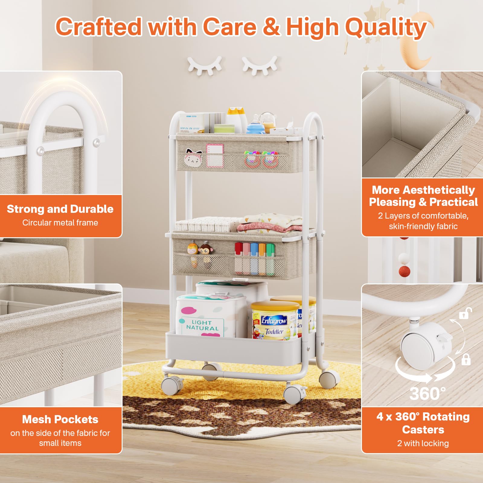 Modanais baby diaper caddy cart wheels highlight easy mobility around the nursery.