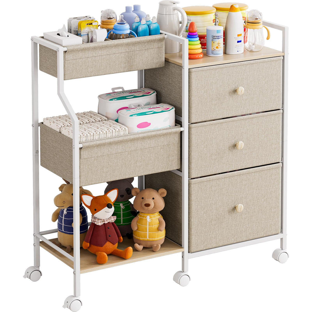 Modanais baby organizer rolling cart viewed from side, versatile nursery storage for diapers and toys on-the-go.
