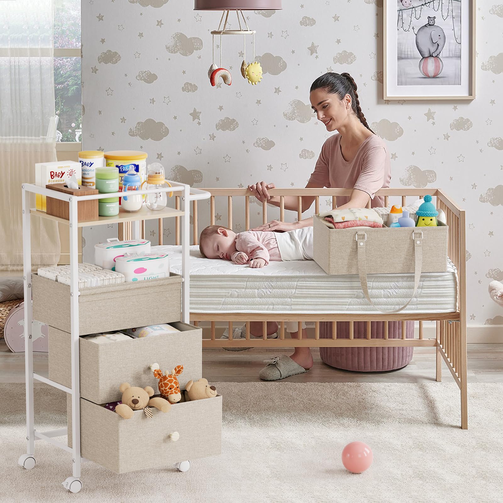 Modanais diaper caddy bottom fabric drawers store clothes and supplies.