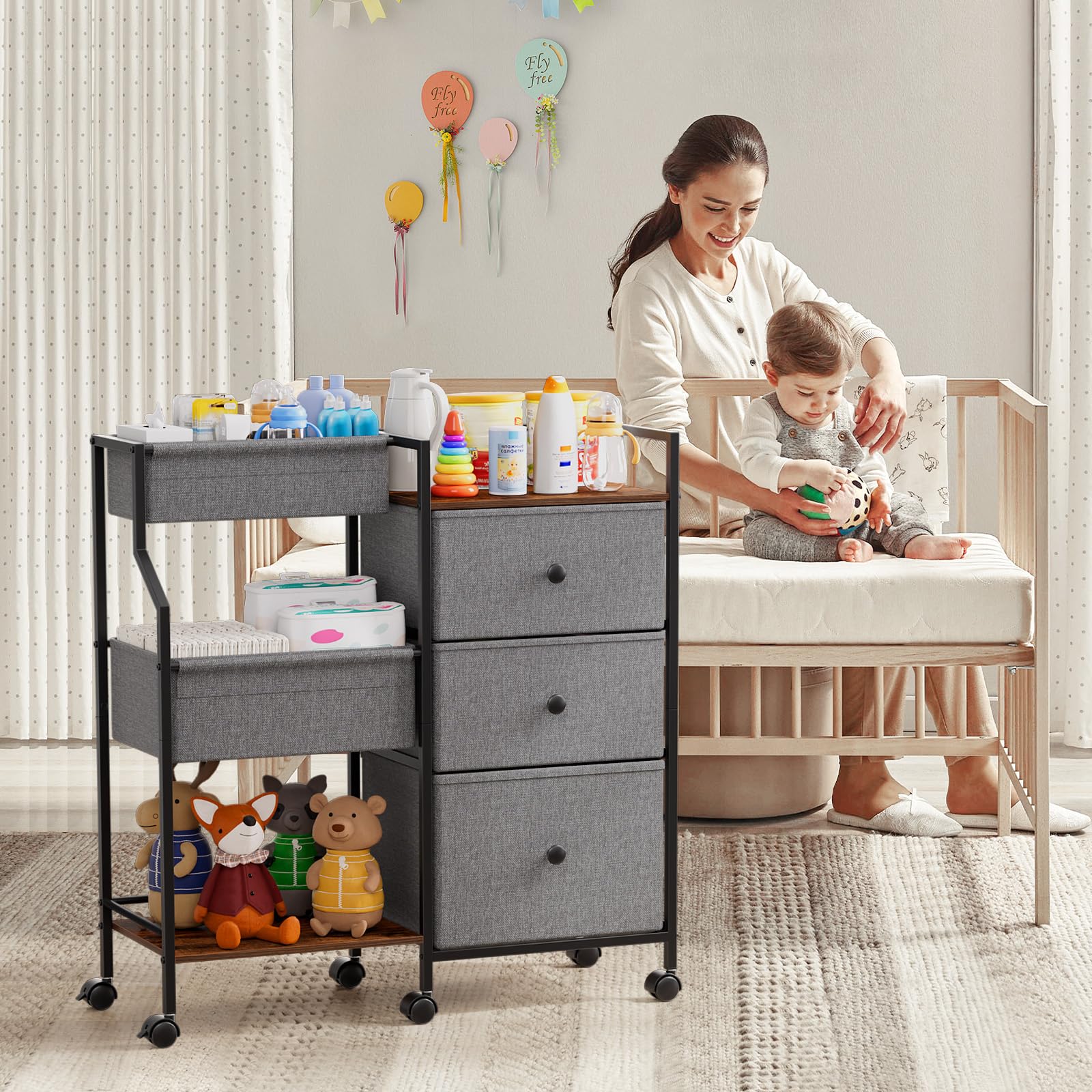 Modanais diaper caddy cart 3-tier design with detachable dividers for flexible organization in nurseries.
