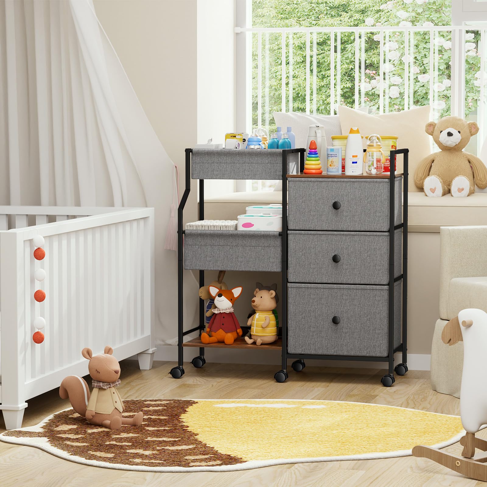 Modanais diaper caddy cart ships assembled-ready to simplify busy mornings.