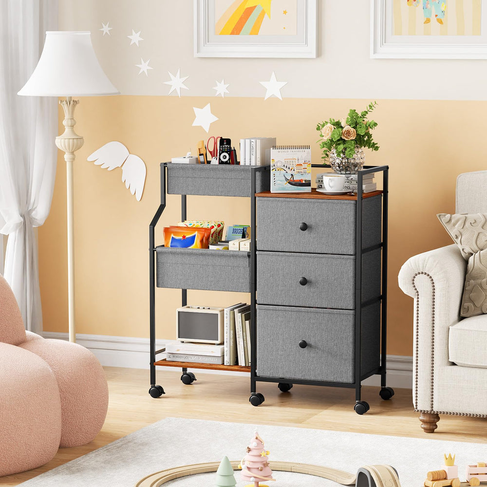 Modanais diaper caddy cart in nursery use serves as changing station or decorative table.