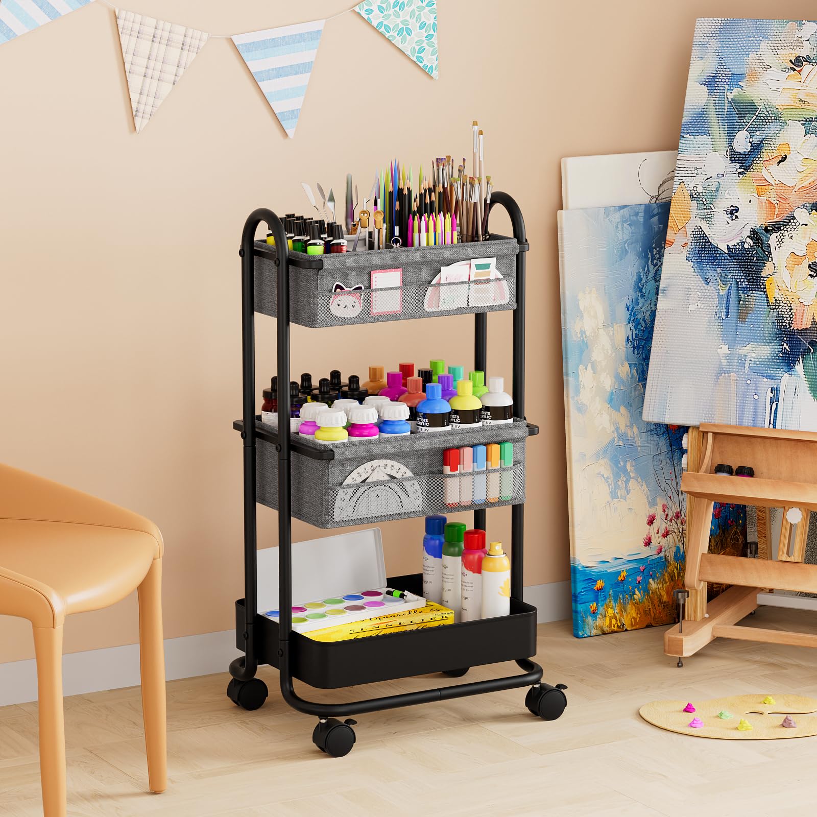 Modanais black nursery cart placed beside crib for convenient storage