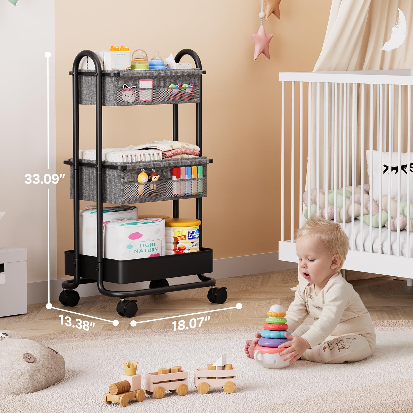 Modanais rolling diaper cart showing smooth wheels for flexible movement