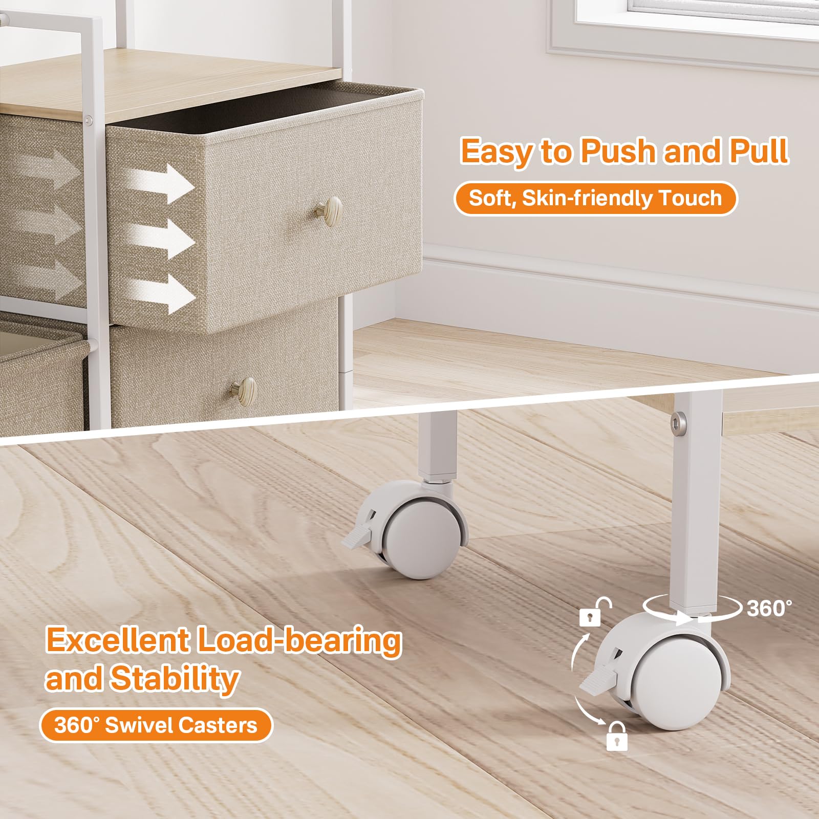 Modanais fabric drawers and Oxford lining resist dust for quick wipe-down cleanup.