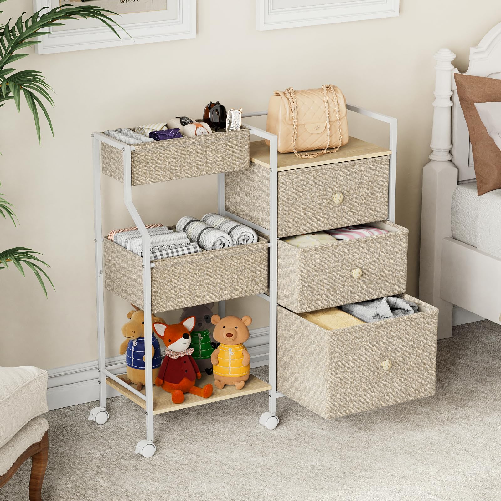 Modanais rolling cart with 6 rotating wheels offers smooth mobility with lockable option for safety.