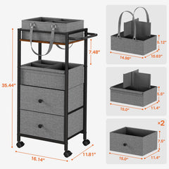 Modanais rolling storage cart with wood panel demonstrates nursery mobility.