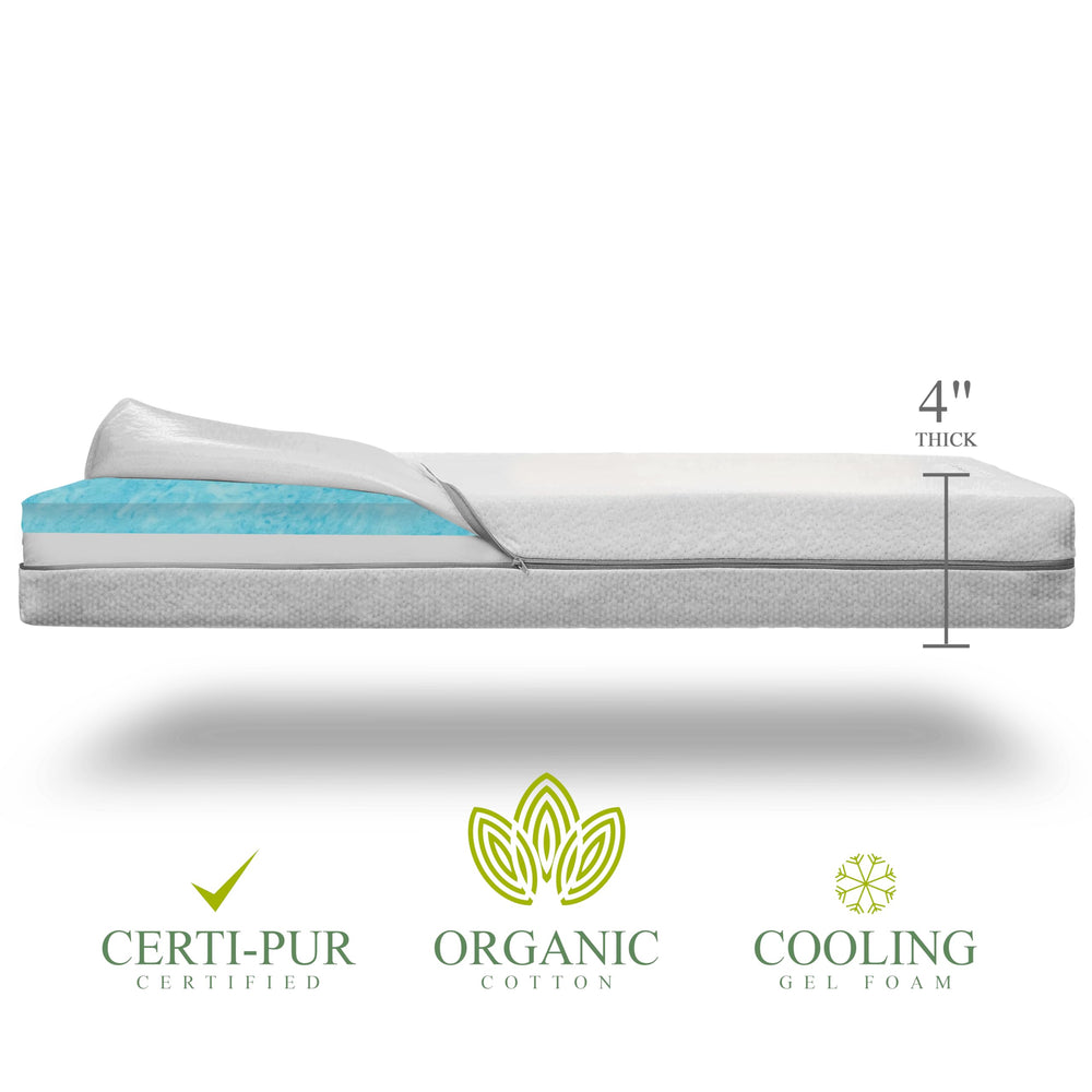 Modera Organic Cotton 2-Sided Crib Mattress top view highlighting dual-sided design.