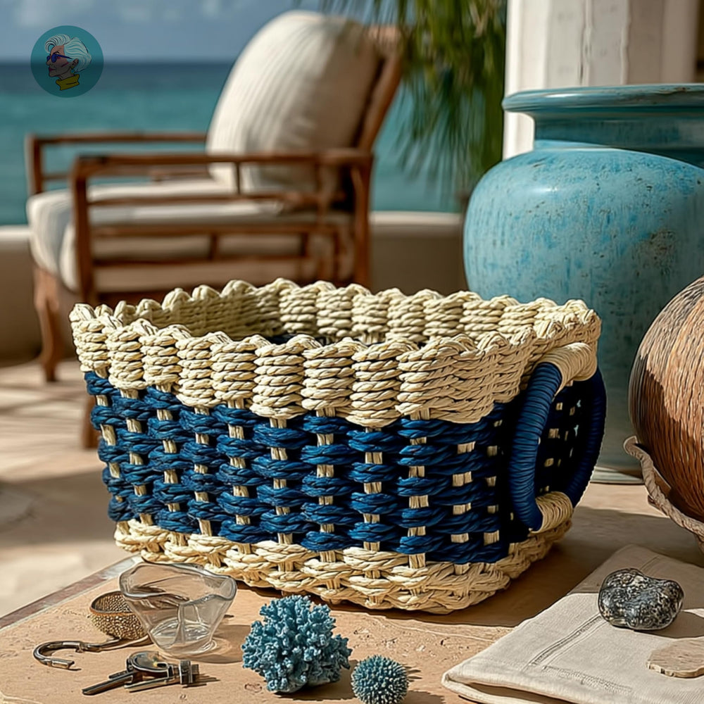Modern Granny color blocks small wicker baskets navy set on shelf showcases boho storage solution.