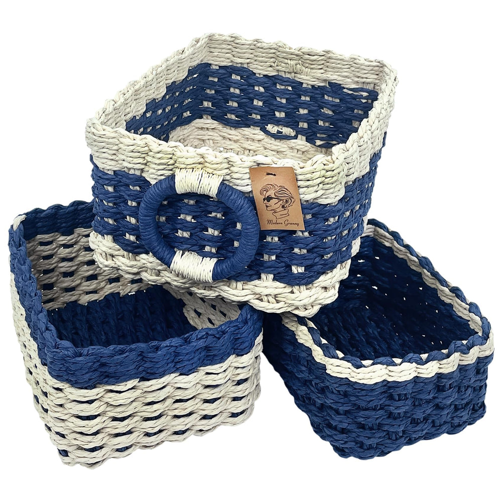 Modern Granny color blocks small wicker baskets weave closeup highlighting handwoven texture and eco-friendly fibers.
