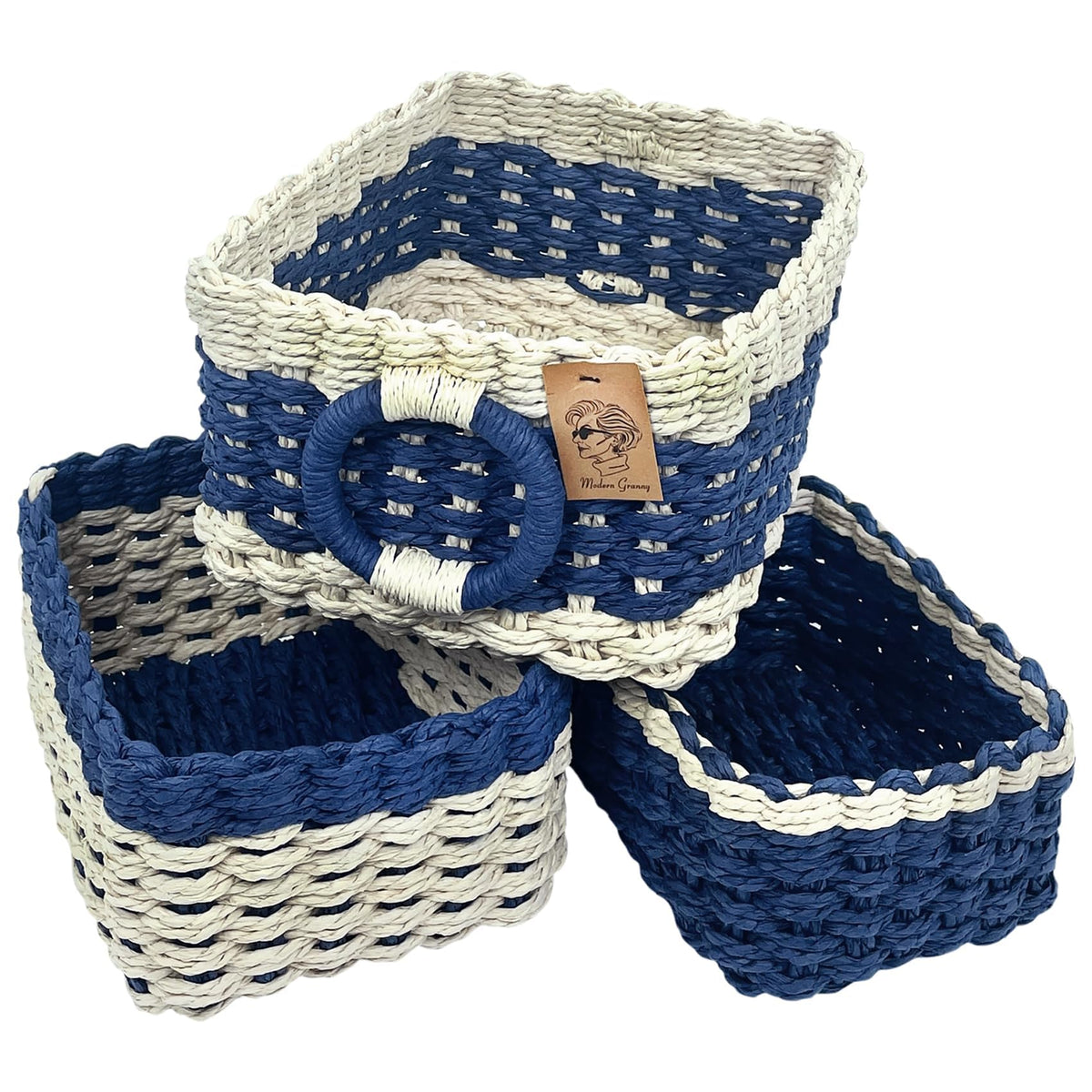 Modern Granny color blocks small wicker baskets weave closeup highlighting handwoven texture and eco-friendly fibers.