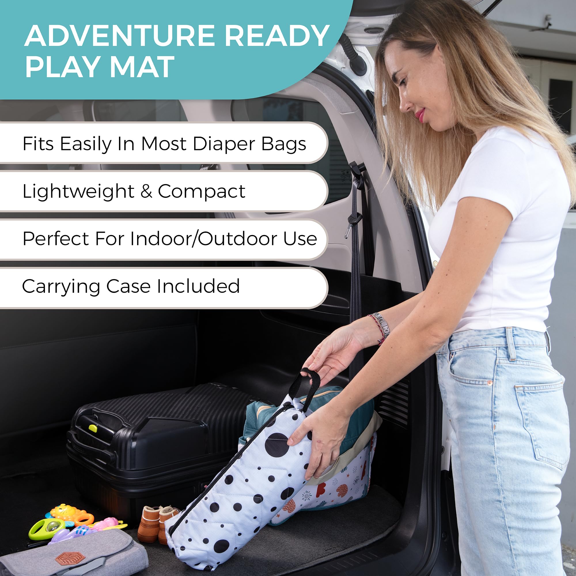 The Modern Ohana travel baby play mat highlights padded, machine-washable surface.