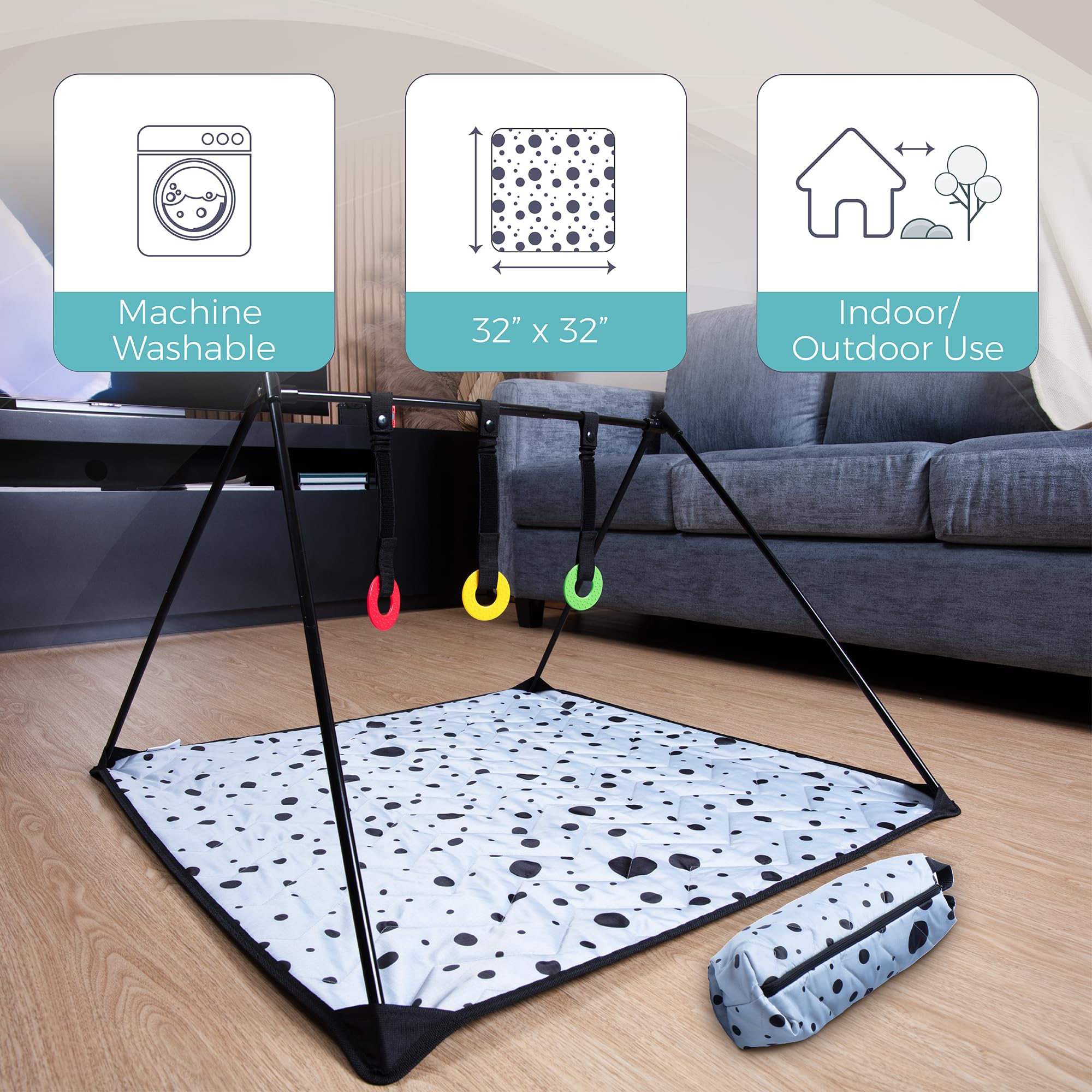 The Modern Ohana travel baby play mat shows adjustable toy straps for growing play.