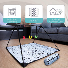 The Modern Ohana travel baby play mat shows adjustable toy straps for growing play.