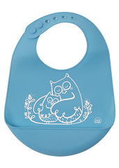 MODERN-TWIST bucket-bib owls electric blue closeup shows spill-catching design for mess-free meals.