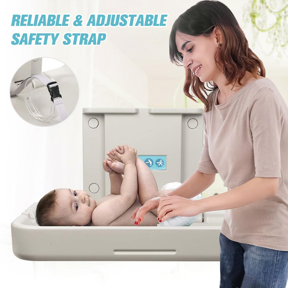 Modundry changing table surface close-up shows smooth concave design for comfortable use.