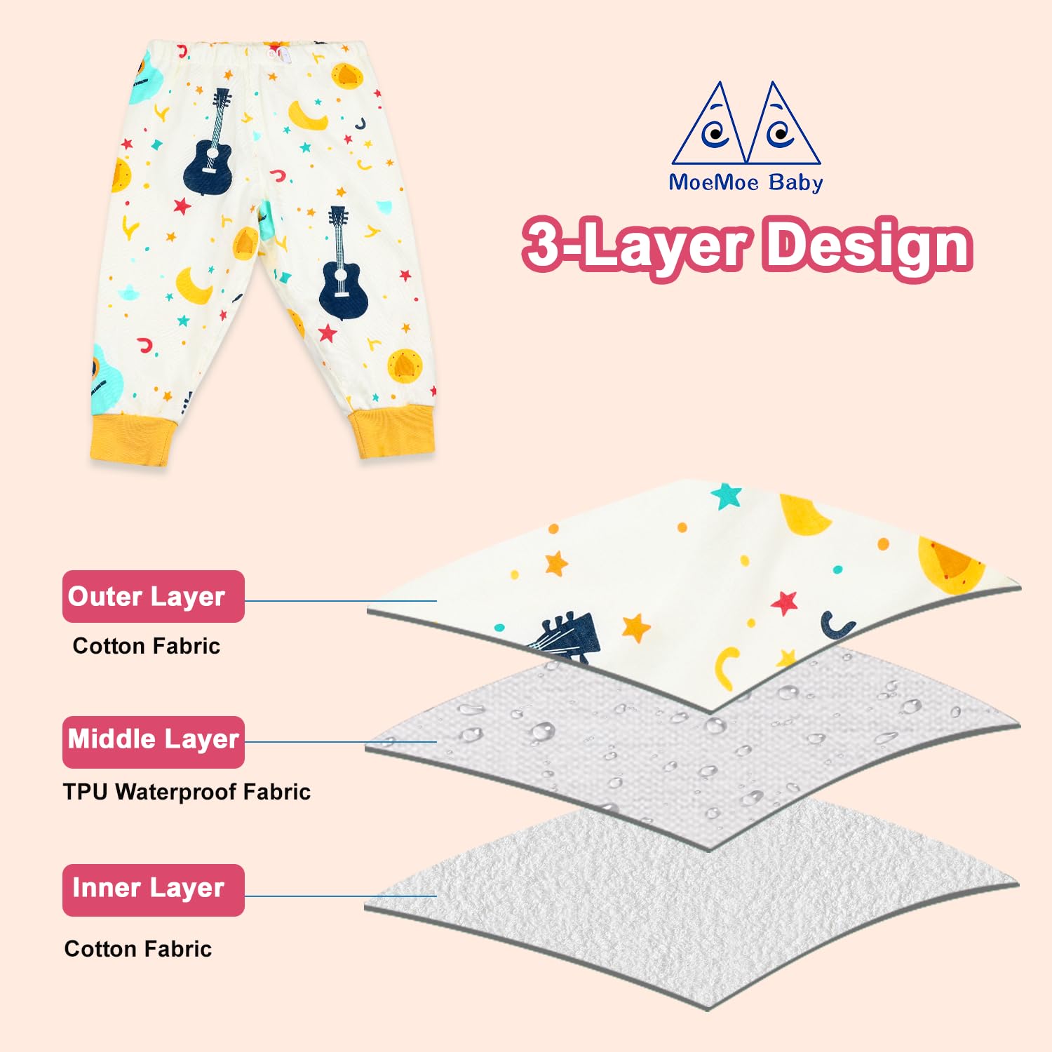 MOEMOE BABY diaper pants side seam view highlights ribbed cuffs for leak protection during activity