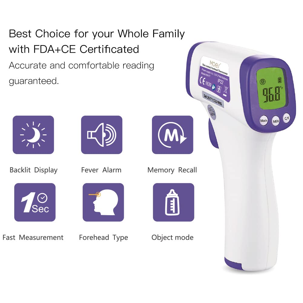 MOES Forehead Thermometer backlit display shows clear readings in dim rooms.